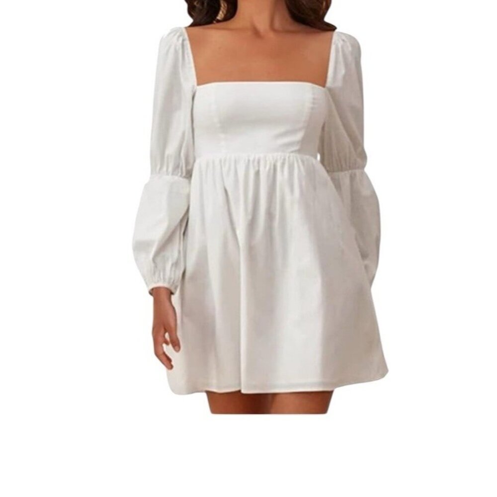Exlura White Square Neck Long Puff Sleeve A-Line Babydoll Dress Size Small